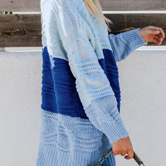 Sky Blue Color Block Drop Shoulder Open Front Knitted Sweater - Picture 6 of 11